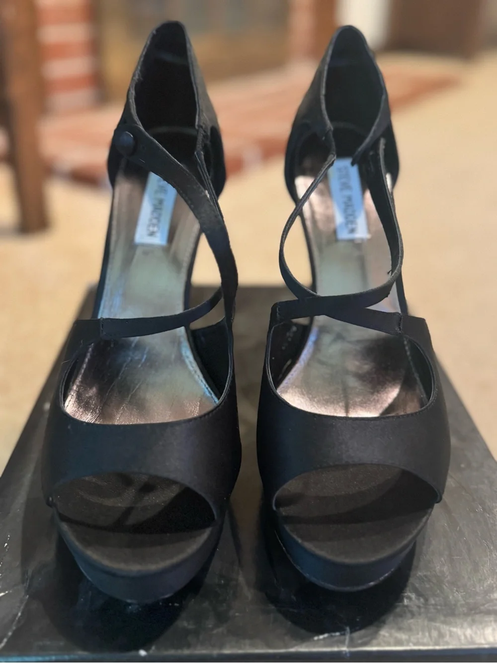Steve Madden Black Satin Peep-Toe Platform Heels